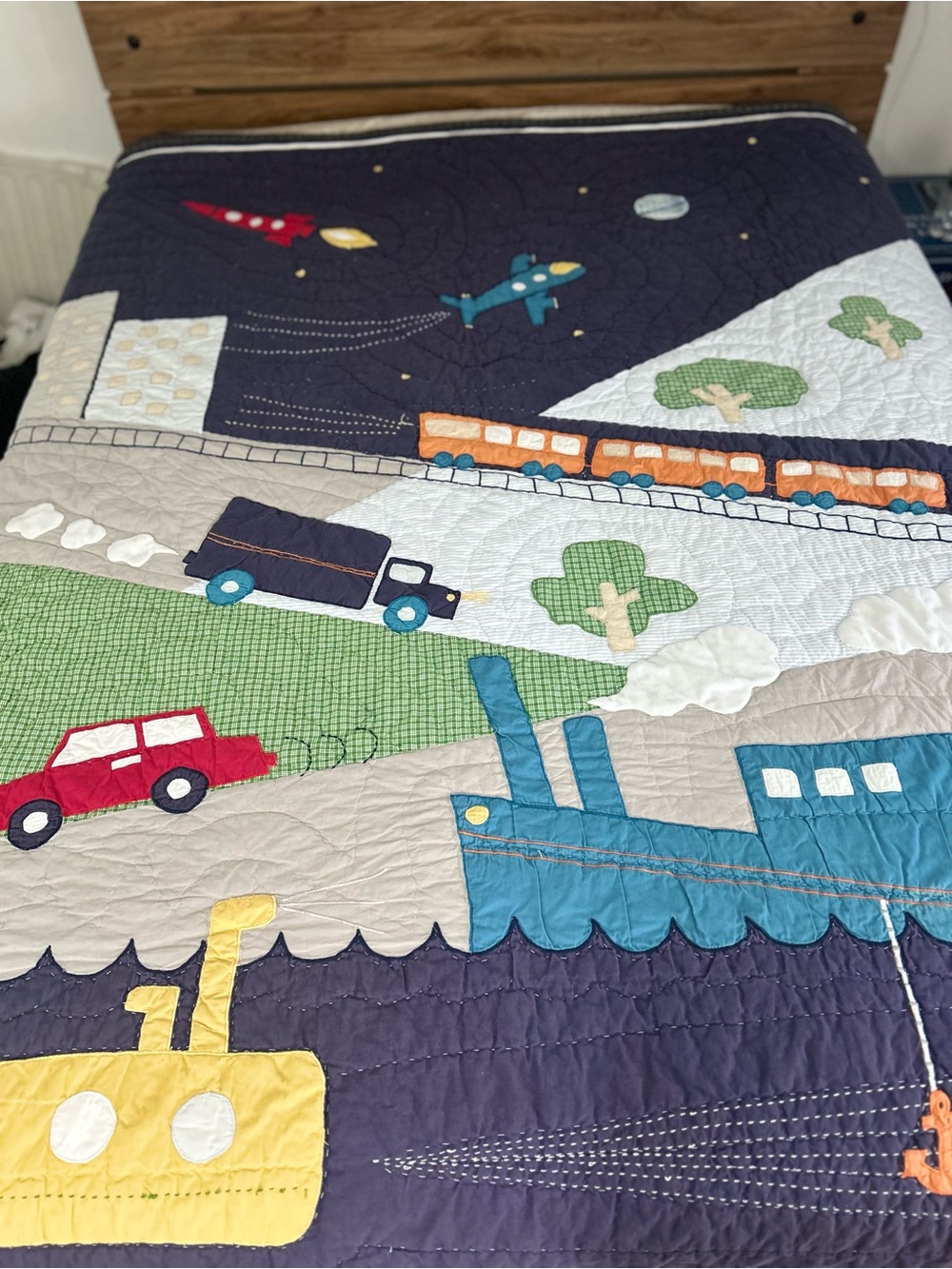 Pottery Barn Kids Transportation Quilt - Navy, Green, Red, Yellow size Full
